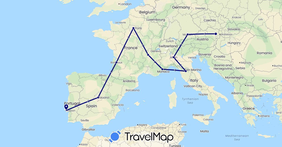 TravelMap itinerary: driving in Austria, Germany, Spain, France, Italy, Portugal (Europe)